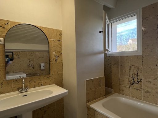 Vue sur le lavabo et la baignoire douche de la chambre