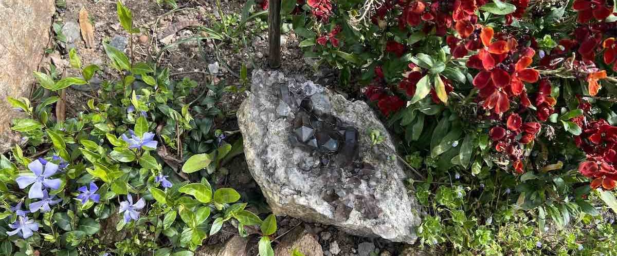 Améthyste - Energie bien-être Améthyste entourée de pervenches et giroflées, symbole de bien-être & calme