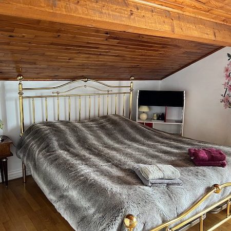 Suite entre amis, idéale pour partager un séjour convivial. Vue sur le lit Queen de la suite recouvert d'un couvre-lit imitation peau de loup gris